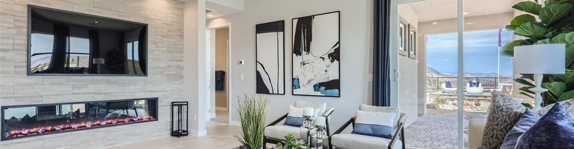 A living room with a fireplace.