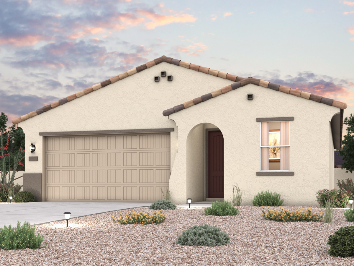 Twilight rendering of front of new home for sale in San Tan, AZ with 2 car garage in the beautiful Skyline Village community with pool.