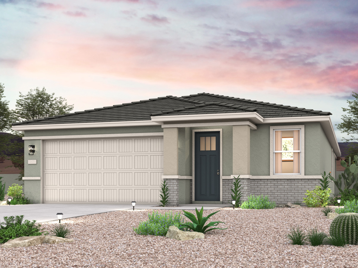 Twilight rendering of front of new home for sale in San Tan, AZ with 2 car garage in the beautiful Skyline Village community with pool.