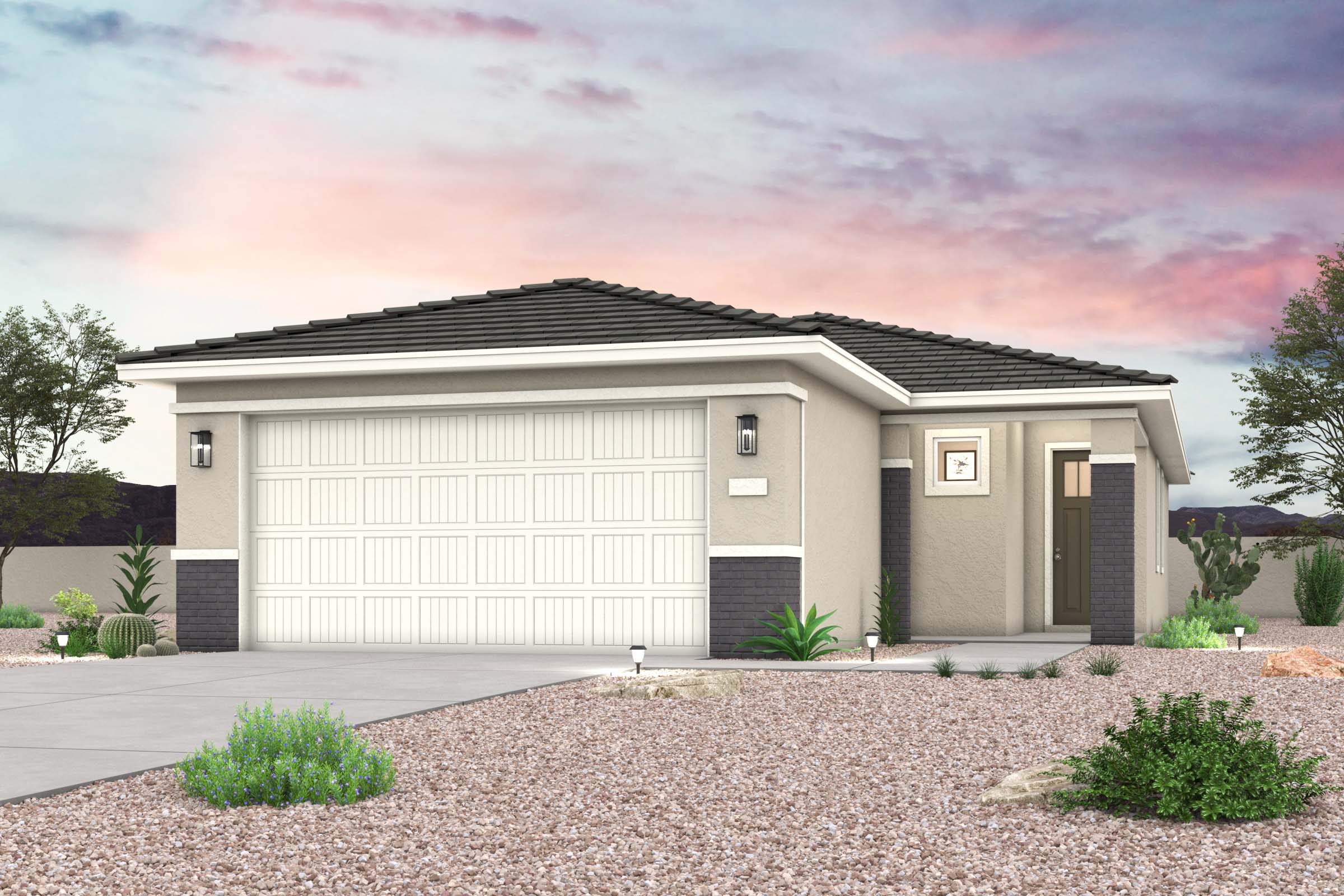 Twilight rendering of front of new home for sale in San Tan Valley, AZ at Skyline Village the Highlands Collection by Century Communities with 2 car garage.