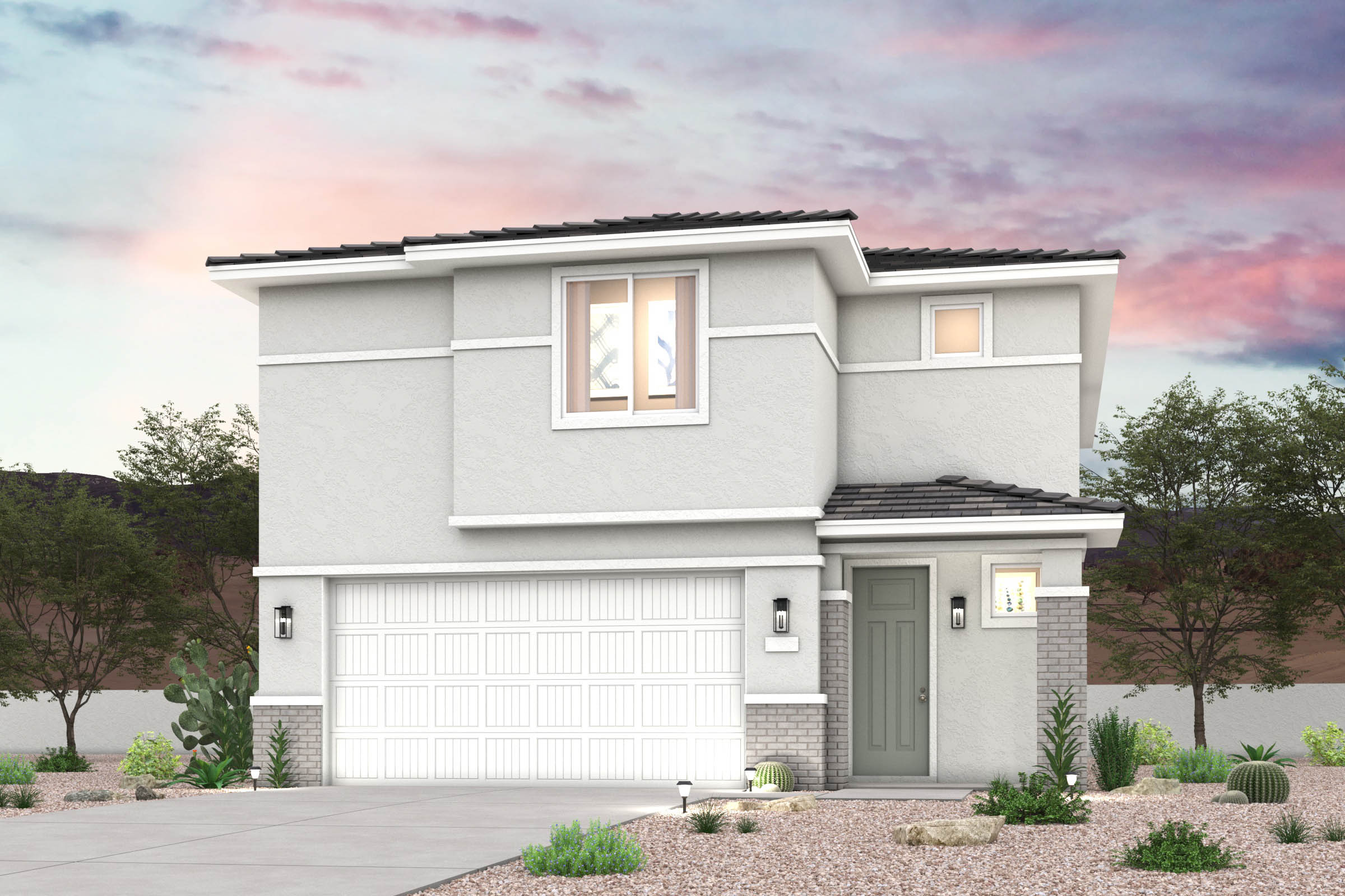 Twilight rendering of front of new home for sale in San Tan Valley, AZ at Skyline Village the Highlands Collection by Century Communities with 2 car garage.