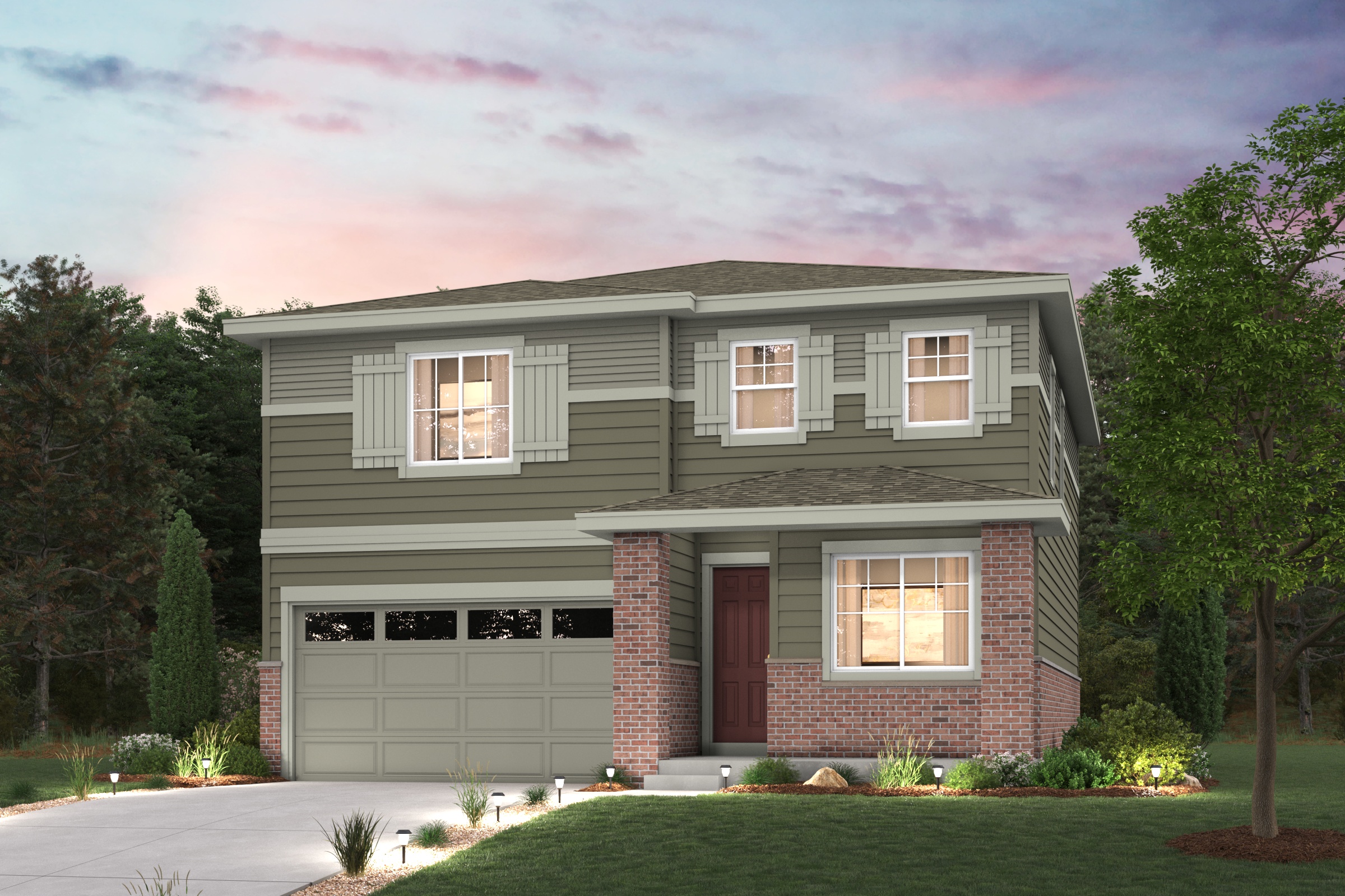 A house with a garage and trees.