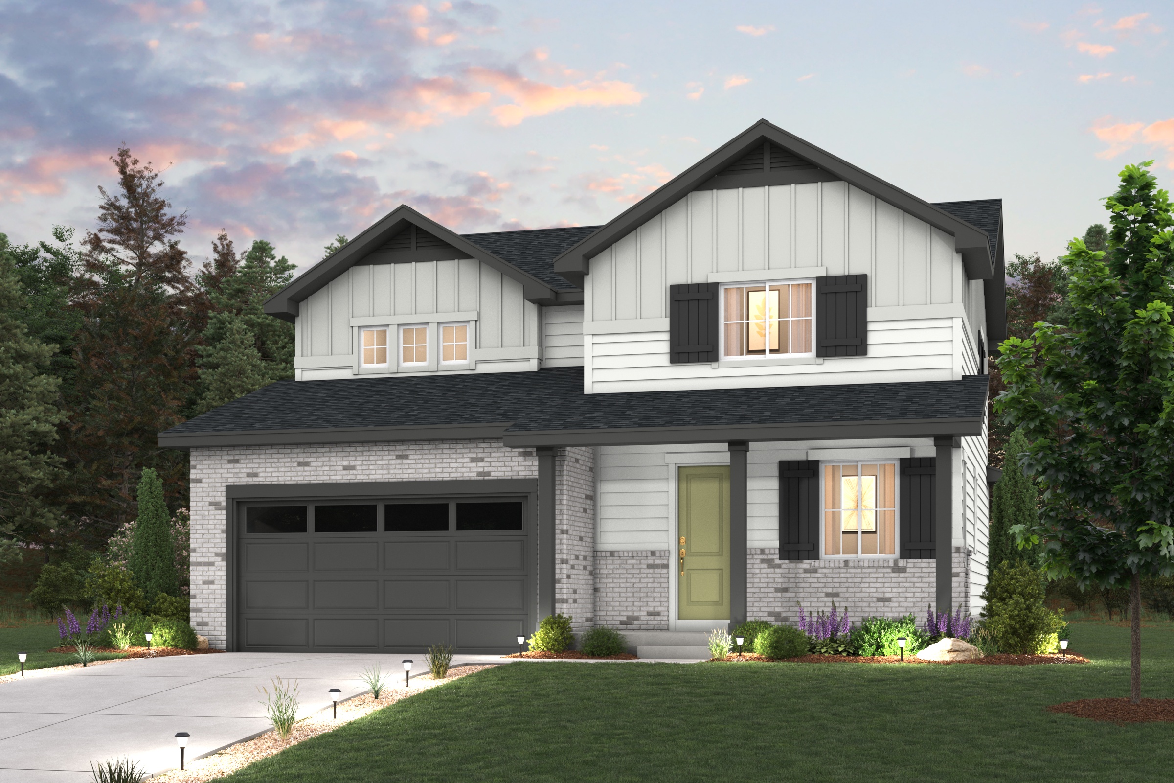 Ontario Floorplan Rendering with landscaping and Elevation A exterior Finishes