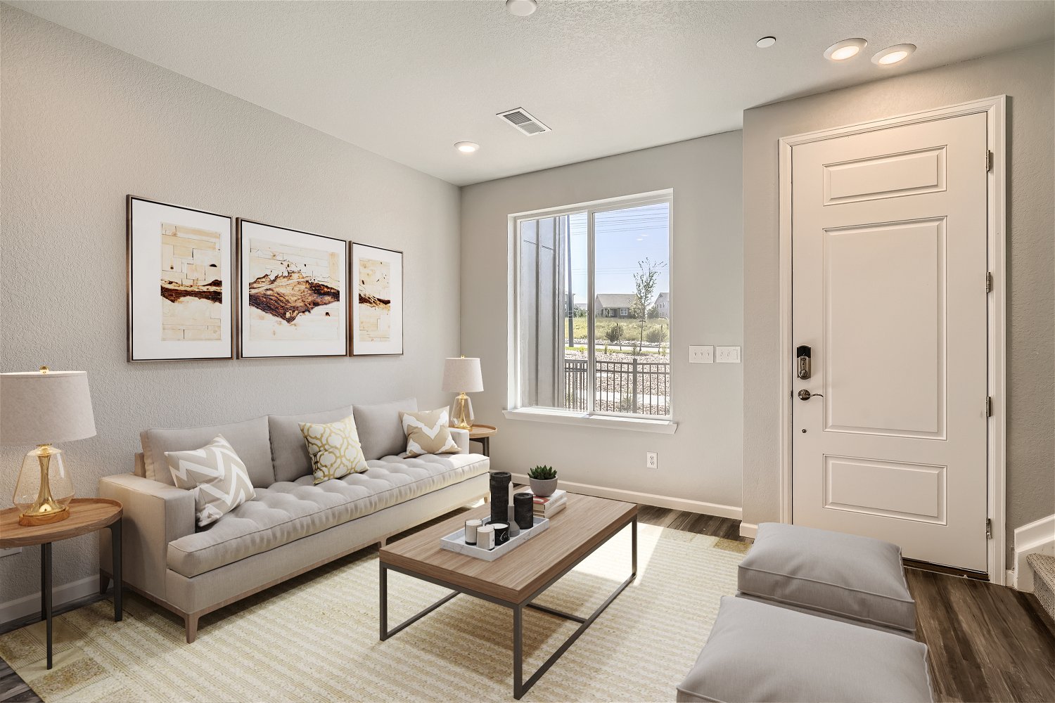 A living room with a couch and a coffee table.