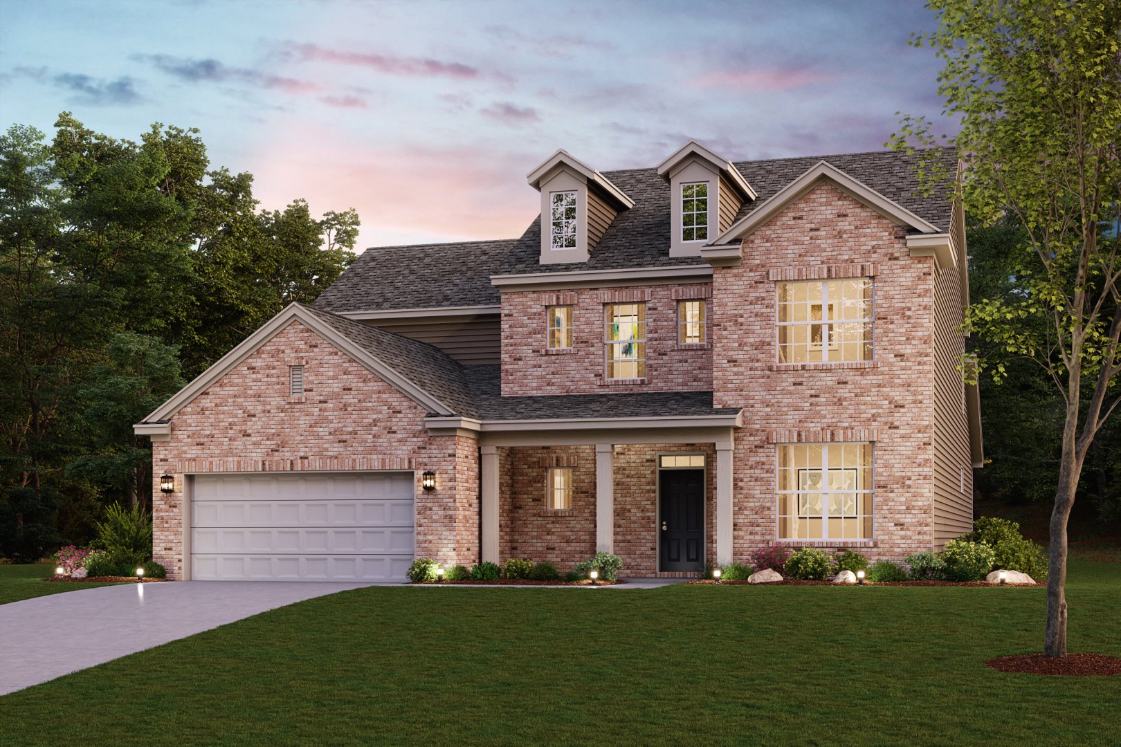 A brick house with a garage.