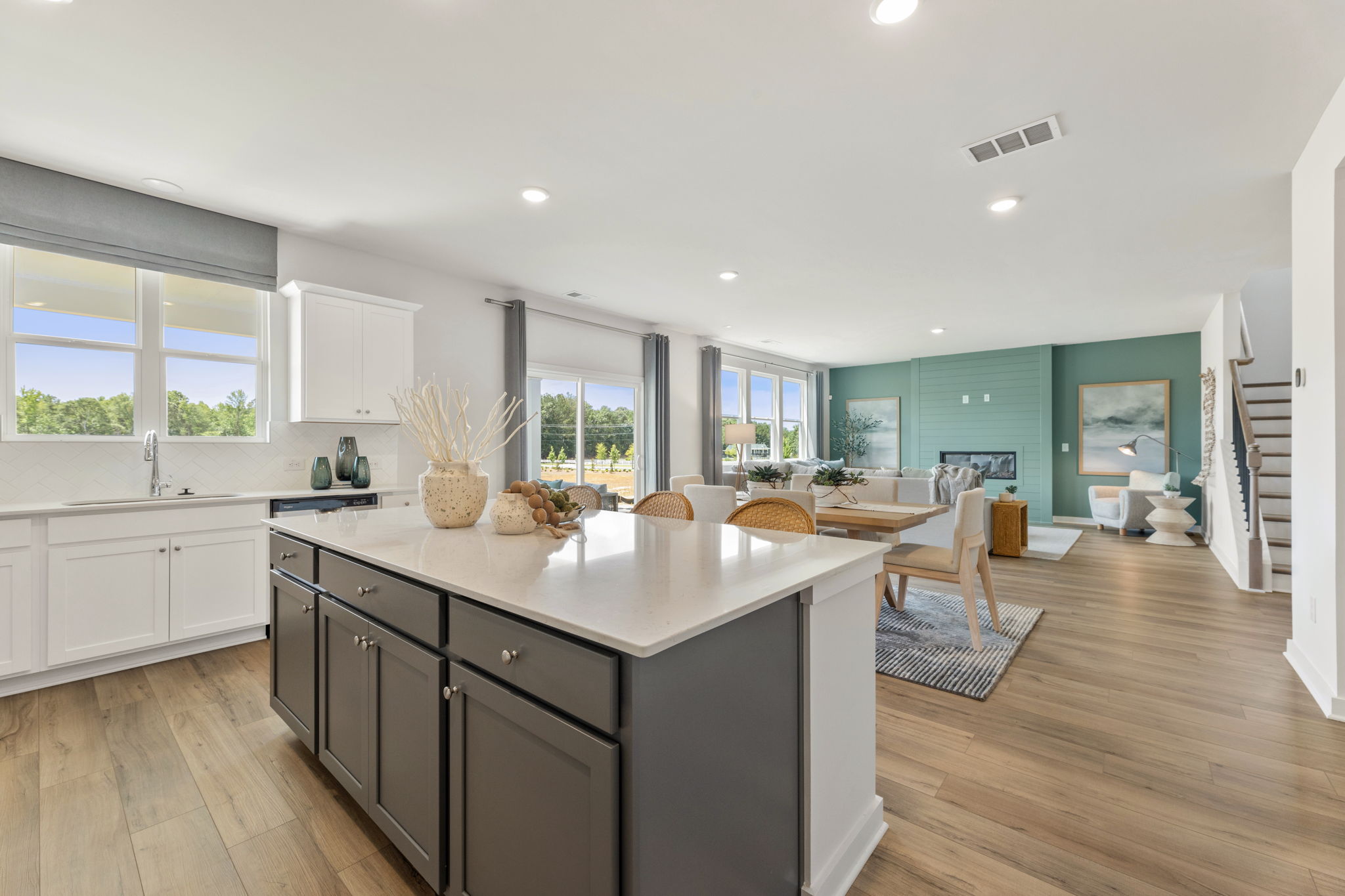 A kitchen with a large island.