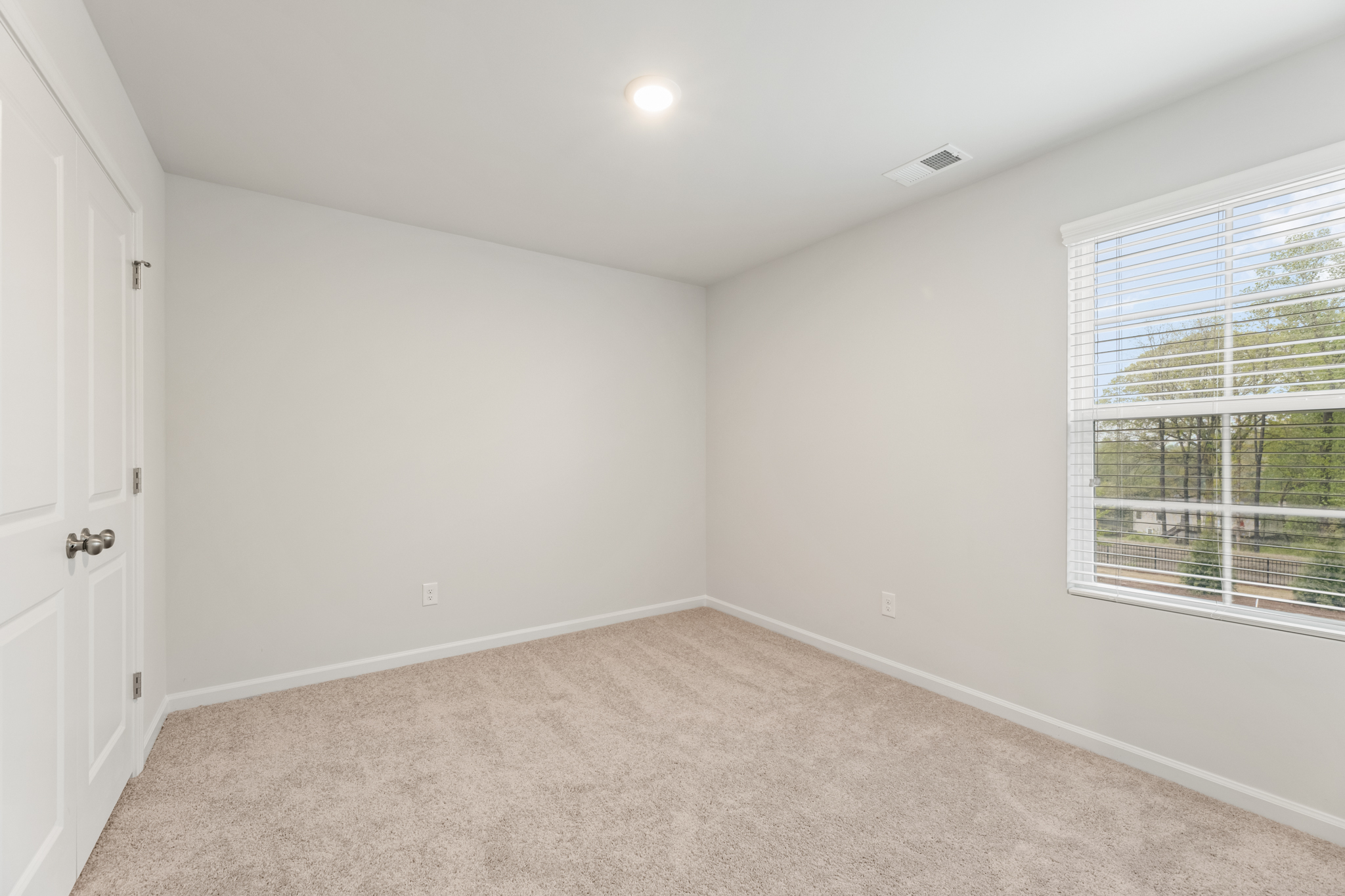 A room with a carpet and windows.