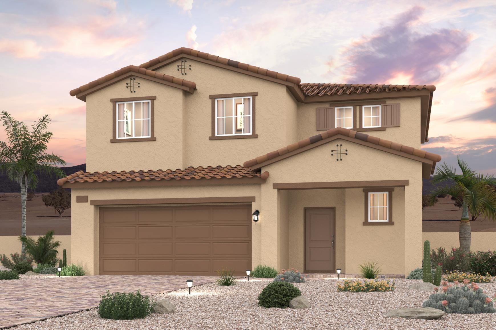 A house with a garage and palm trees.