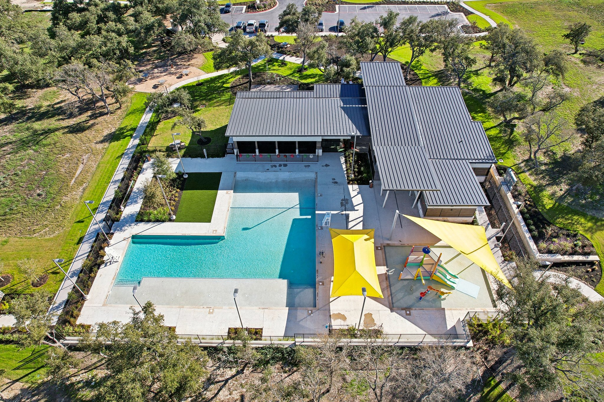 A building with a pool.