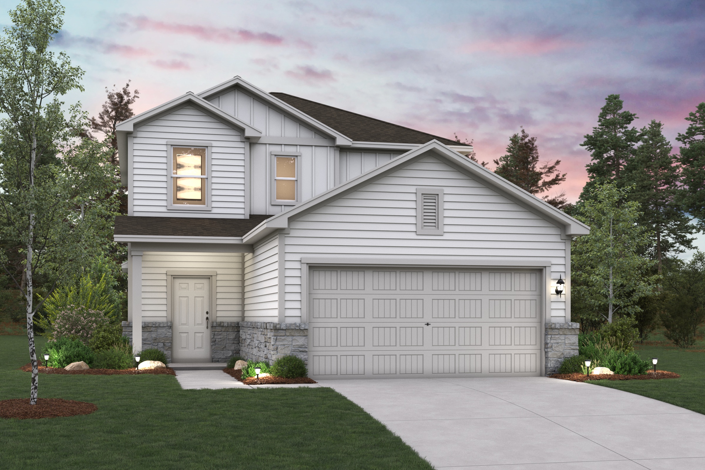 A white house with a garage.
