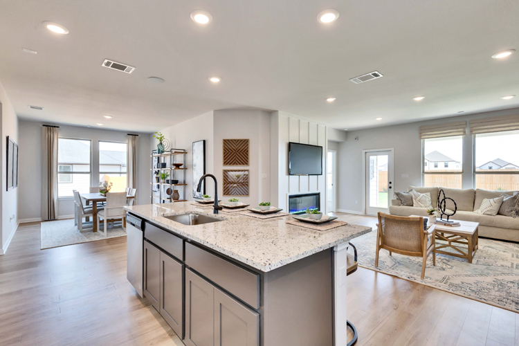 A kitchen with a large island.