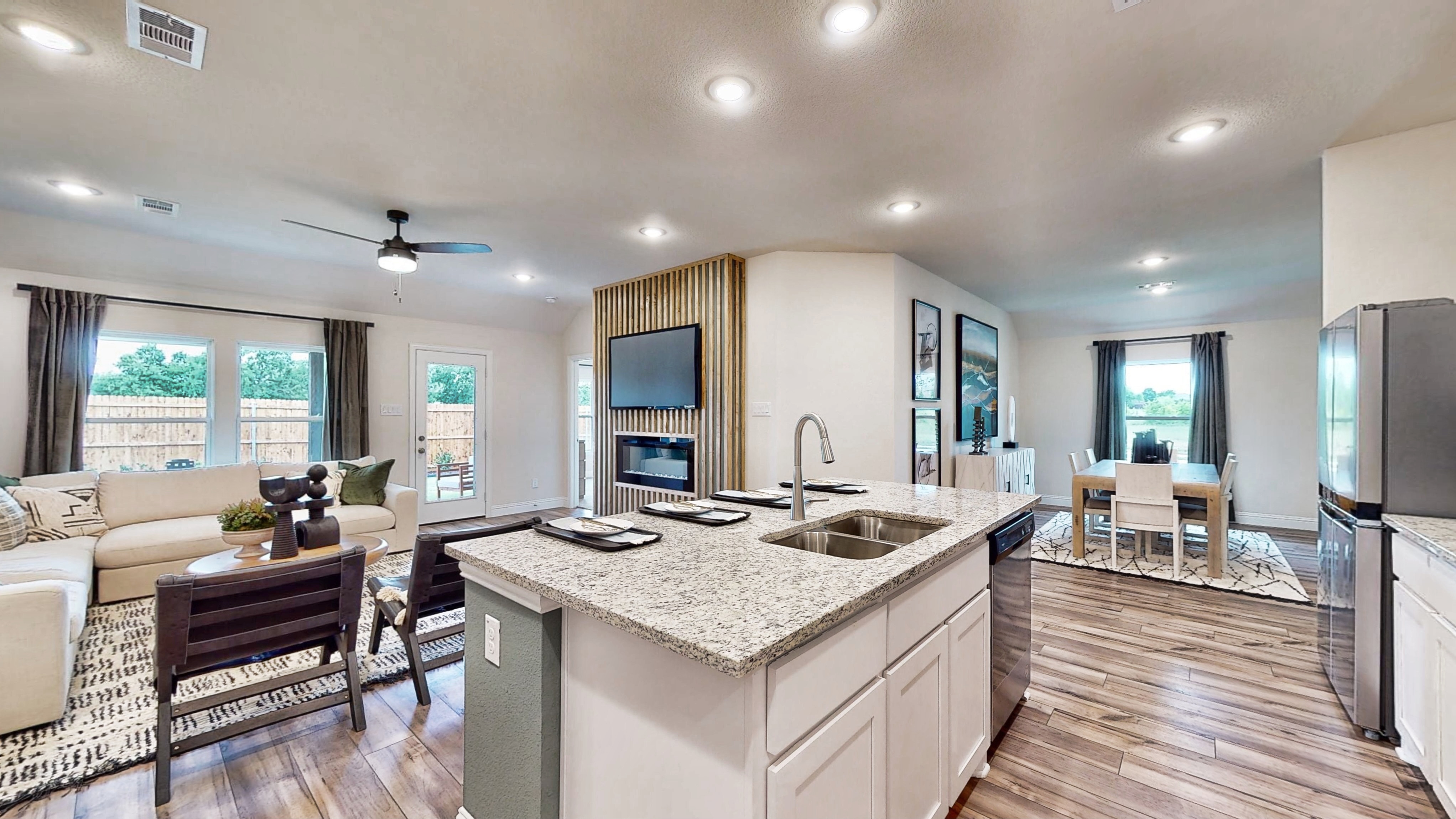 A kitchen and living room.