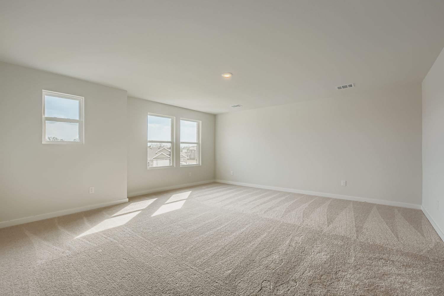 A room with a carpet and windows.