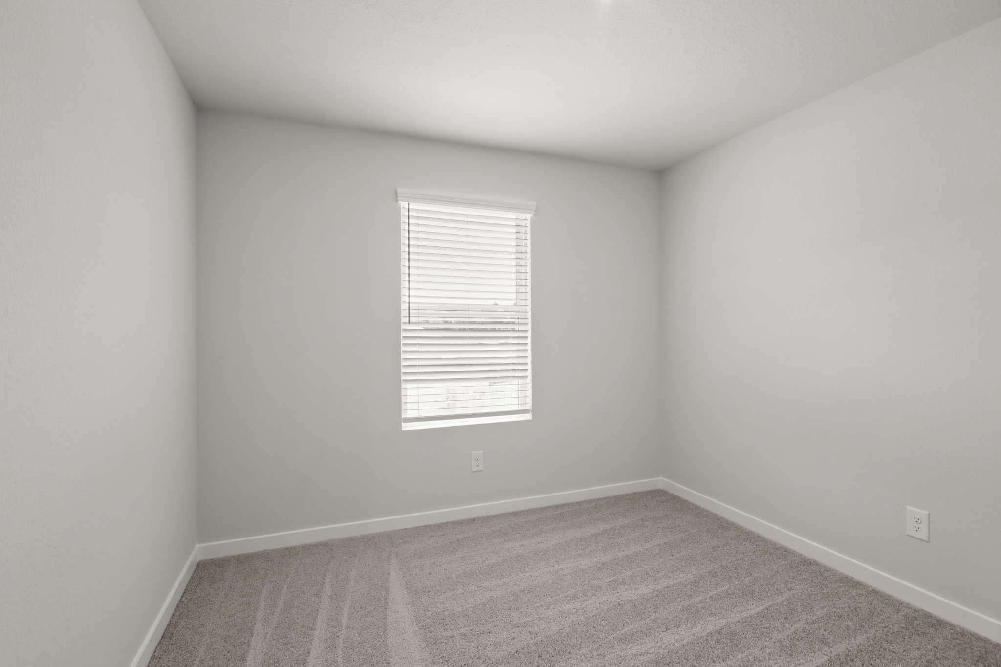 A room with a window and a rug.