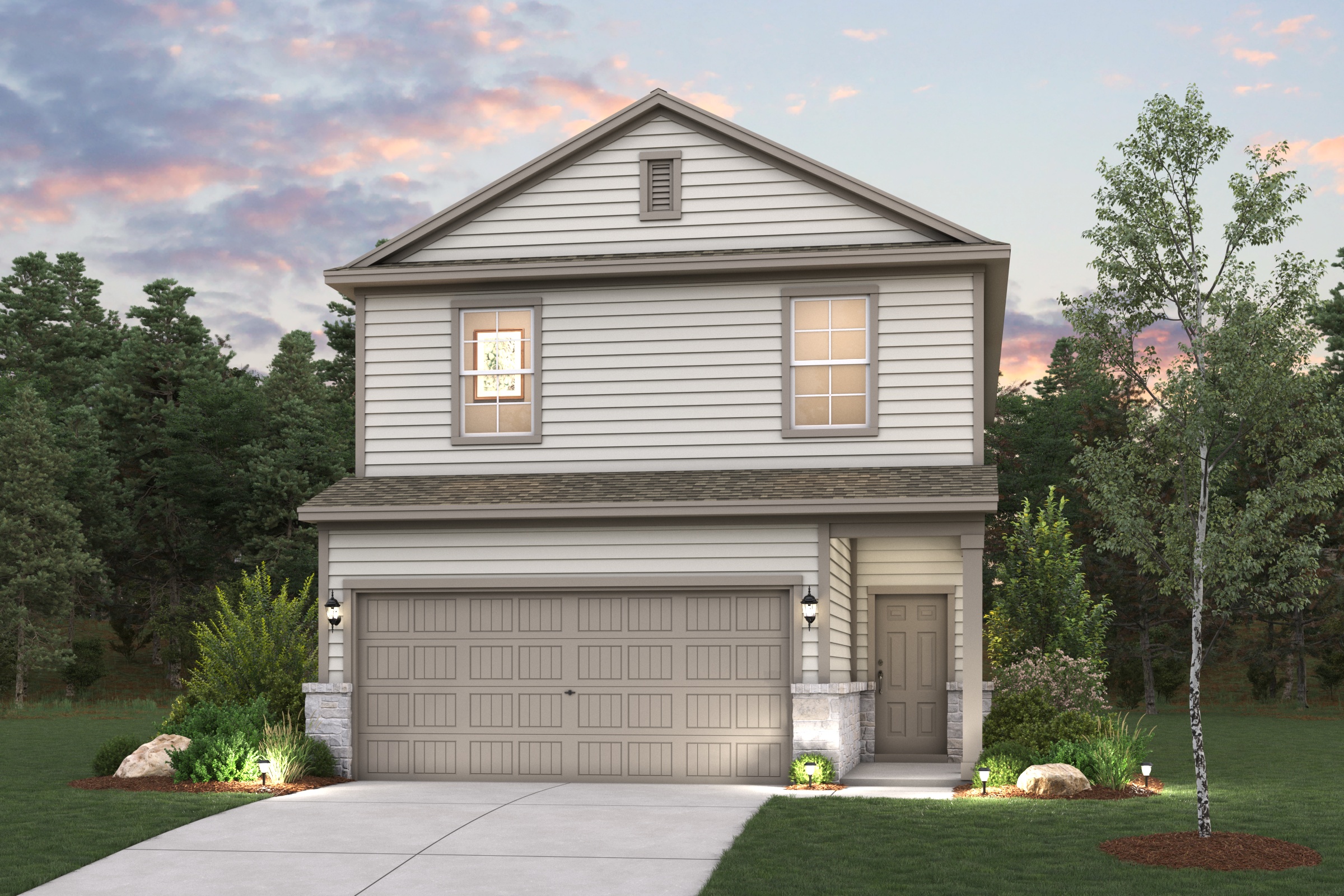 A house with a garage and trees around it.