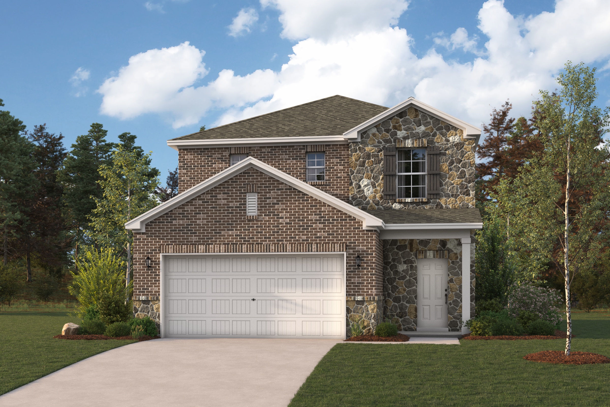 A house with a garage and trees.