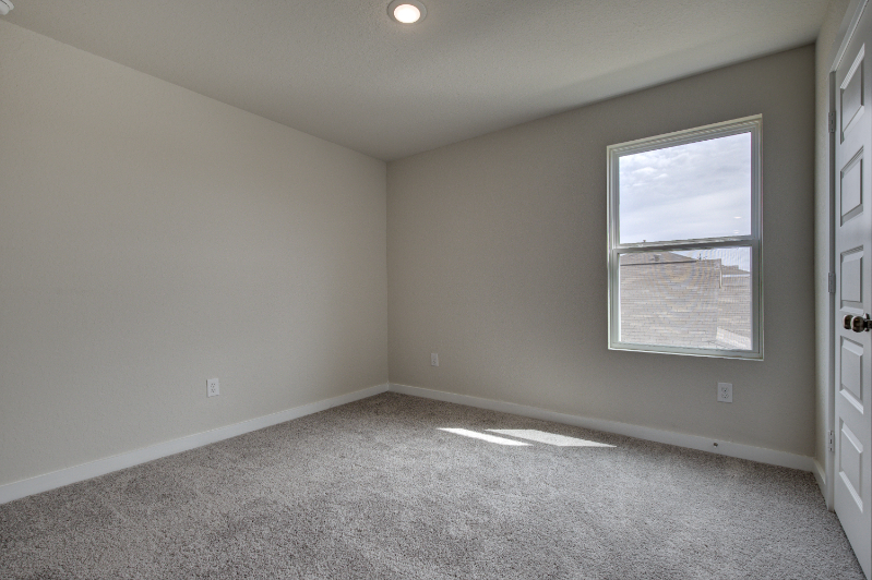 A room with a carpet and a window.