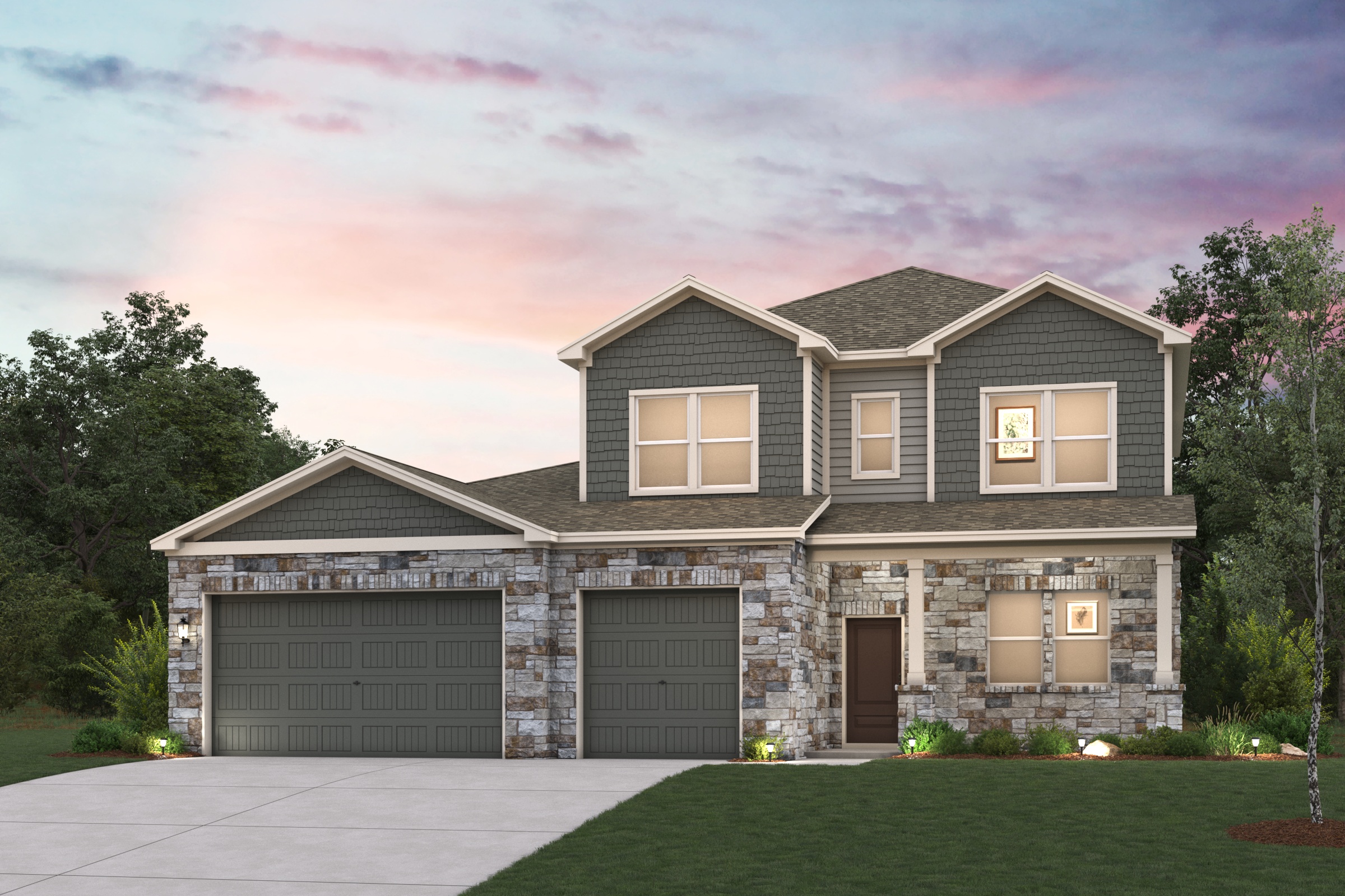 A house with garages and trees.