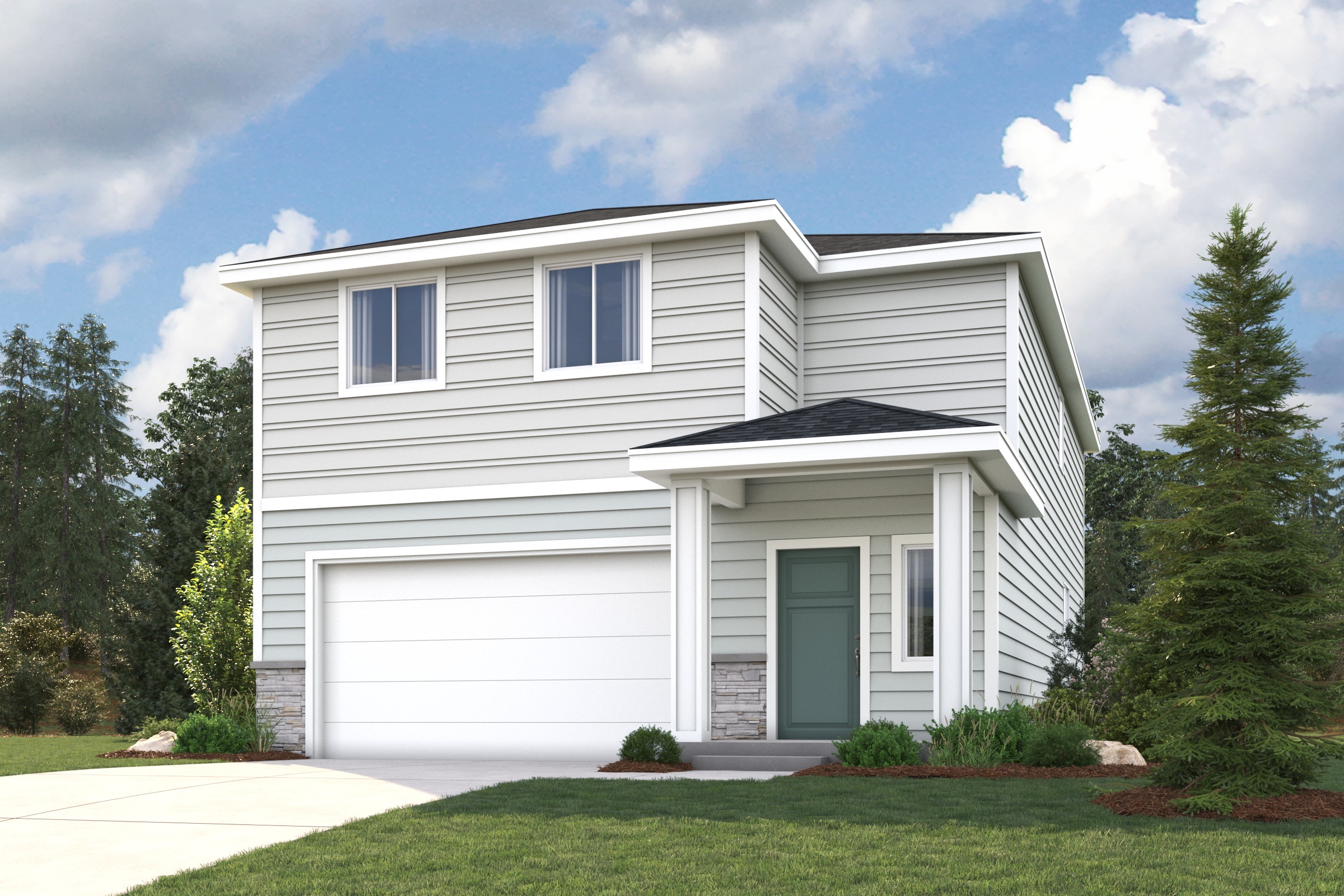 A white house with a garage.