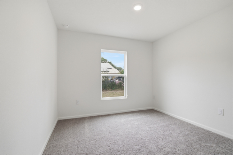 A room with a window and a carpet.